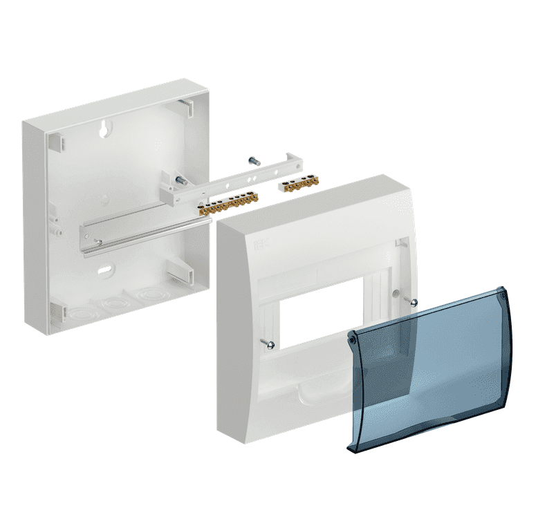 Бокс пластиковый навесной IEK KREPTA 3 MKP12-N-08-40-20, ЩРН-П-8, на 8 модулей, с прозрачной дверцей, IP41, белый - в разобранном виде