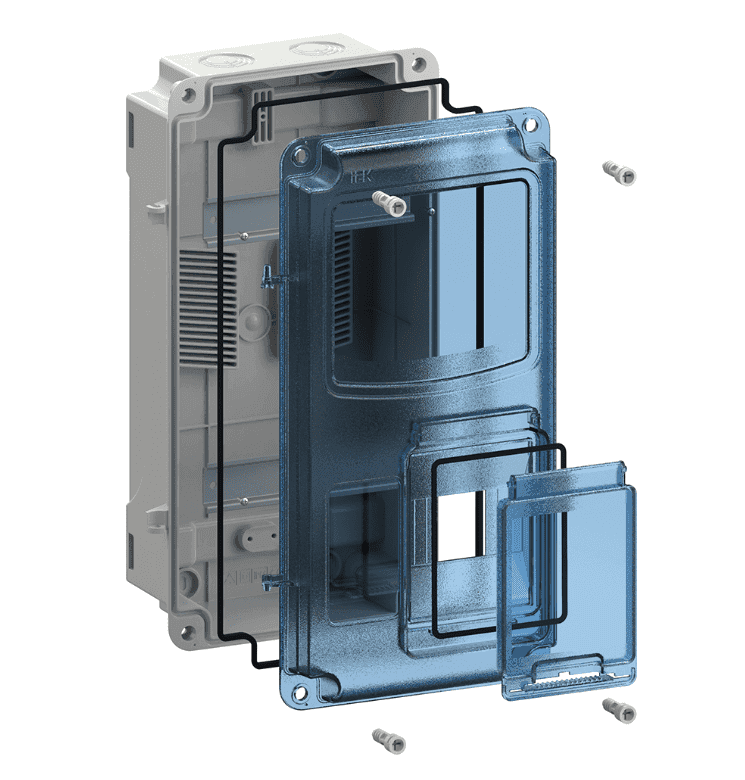 Бокс пластиковый навесной IEK KREPTA 5 MSP1-N-08-55, ЩУРн-П 1/8, на 8 модулей, учетно-распределительный, IP66, с местом под счетчик и прозрачной крышкой, белый - в разобранном виде
