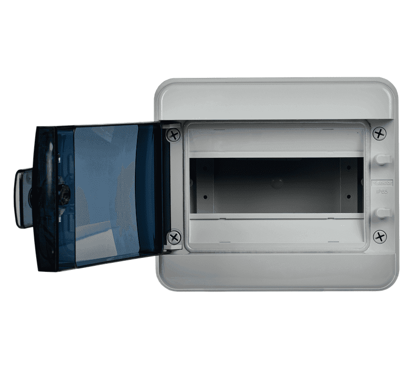 Бокс пластиковый навесной IEK TEKFOR TF5-KP72-N-08-65-K03-K02, КМПн-8, на 8 модулей, IP65, с прозрачной дверцей, серый - с открытой дверцей