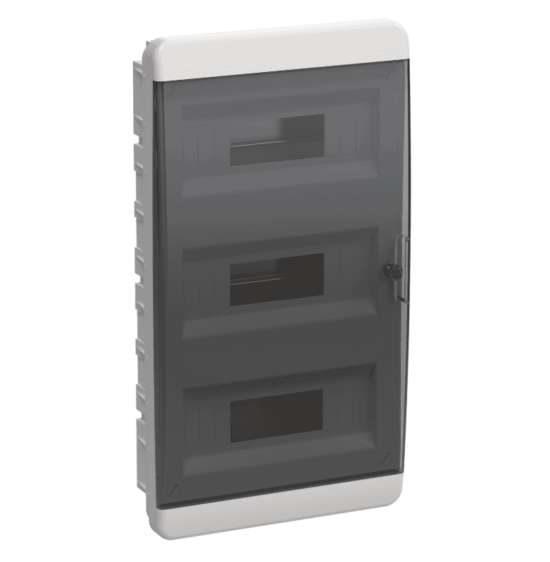 Бокс пластиковый встраиваемый IEK TEKFOR TF5-KP12-V-36-41-K01-K03, ЩРВ-П-36, на 36 модулей (3 ряда), IP41, с прозрачной черной дверцей, белый