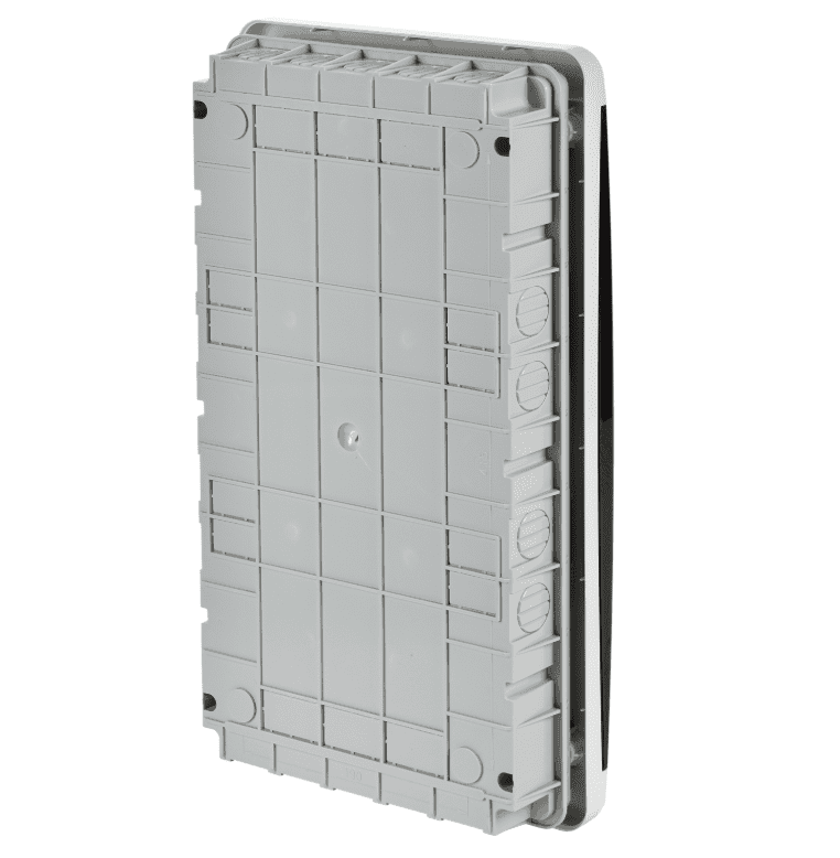 Бокс пластиковый встраиваемый IEK TEKFOR TF5-KP12-V-36-41-K01-K03, ЩРВ-П-36, на 36 модулей (3 ряда), IP41, с прозрачной черной дверцей, белый - вид сзади