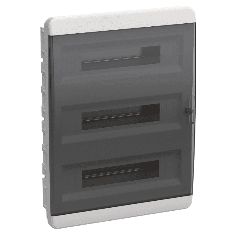 Бокс пластиковый встраиваемый IEK TEKFOR TF5-KP12-V-54-41-K01-K03, ЩРВ-П-54, на 54 модуля (3 ряда), IP41, с прозрачной черной дверцей, белый