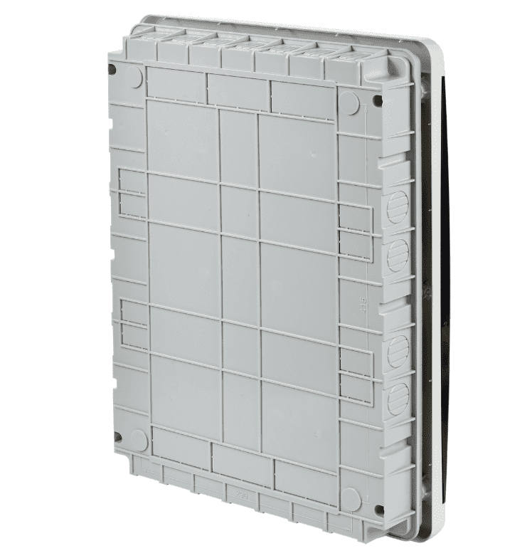 Бокс пластиковый встраиваемый IEK TEKFOR TF5-KP12-V-54-41-K01-K03, ЩРВ-П-54, на 54 модуля (3 ряда), IP41, с прозрачной черной дверцей, белый - вид сзади