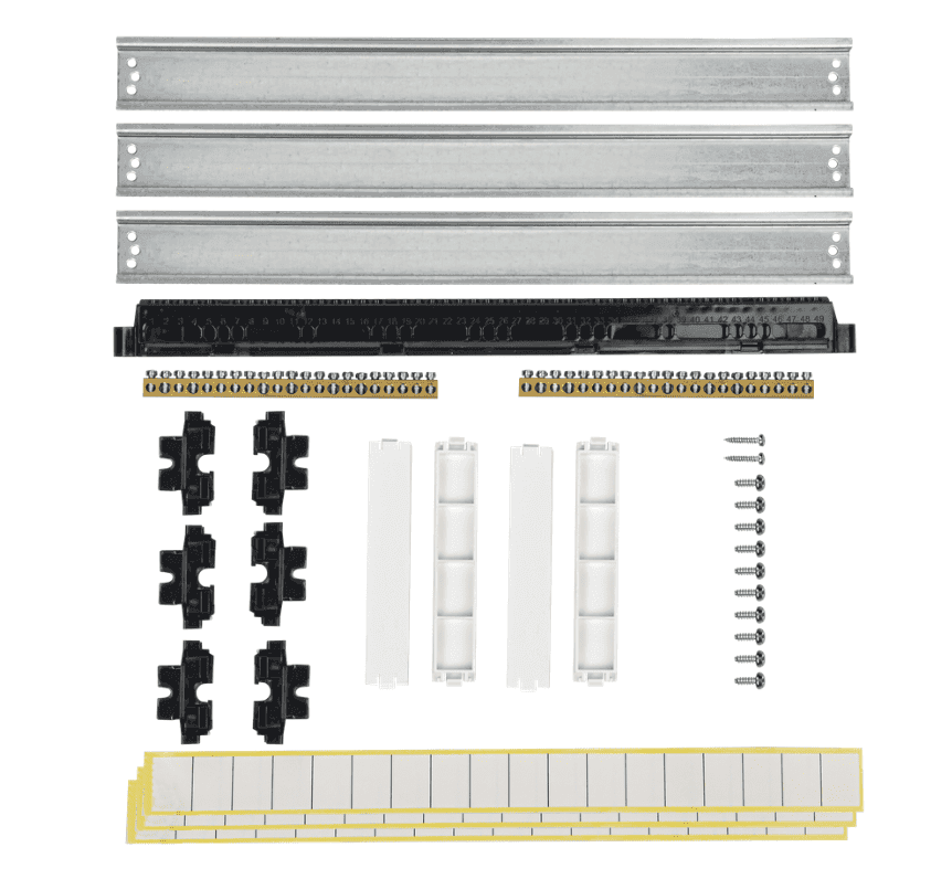 Бокс пластиковый встраиваемый IEK TEKFOR TF5-KP12-V-54-41-K01-K03, ЩРВ-П-54, на 54 модуля (3 ряда), IP41, с прозрачной черной дверцей, белый - комплектующие