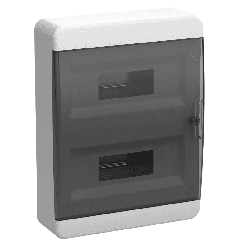 Бокс пластиковый навесной IEK TEKFOR TF5-KP12-N-24-41-K01-K03, ЩРН-П-24, на 24 модуля (2 ряда), IP41, черная прозрачная дверца, белый