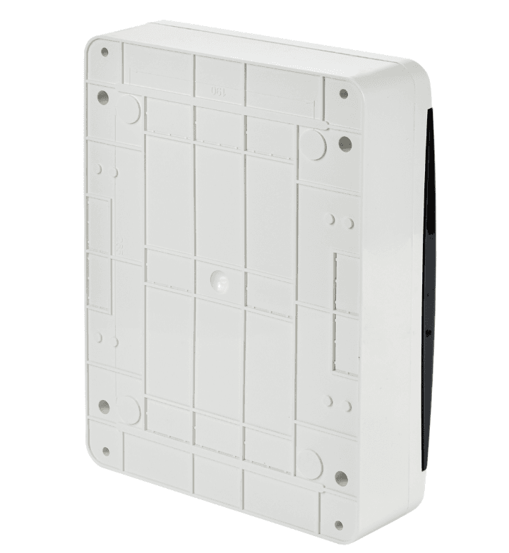 Бокс пластиковый навесной IEK TEKFOR TF5-KP12-N-24-41-K01-K03, ЩРН-П-24, на 24 модуля (2 ряда), IP41, черная прозрачная дверца, белый - вид сзади