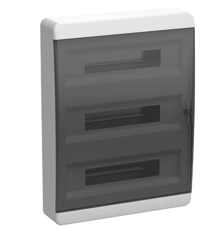 Бокс пластиковый навесной IEK TEKFOR TF5-KP12-N-54-41-K01-K03, ЩРН-П-54, на 54 модуля (3 ряда), IP41, черная прозрачная дверца, белый