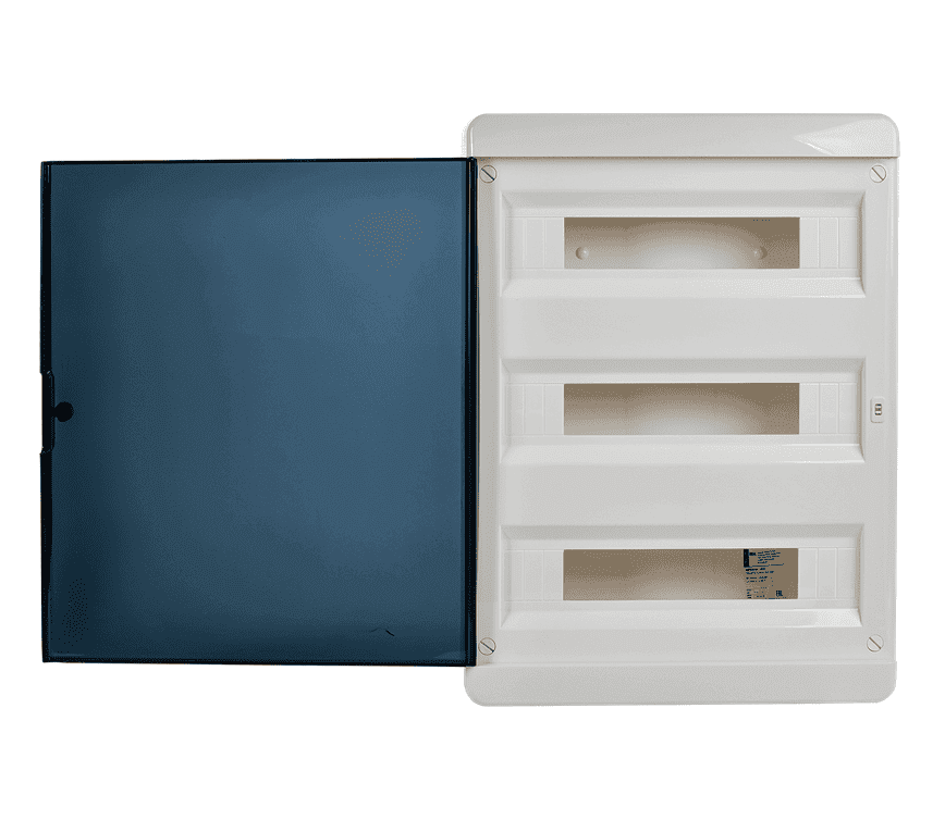 Бокс пластиковый навесной IEK TEKFOR TF5-KP12-N-54-41-K01-K03, ЩРН-П-54, на 54 модуля (3 ряда), IP41, черная прозрачная дверца, белый - с открытой дверцей