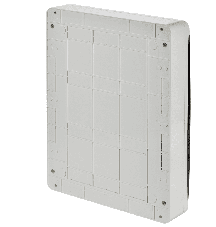 Бокс пластиковый навесной IEK TEKFOR TF5-KP12-N-54-41-K01-K03, ЩРН-П-54, на 54 модуля (3 ряда), IP41, черная прозрачная дверца, белый - вид сзади