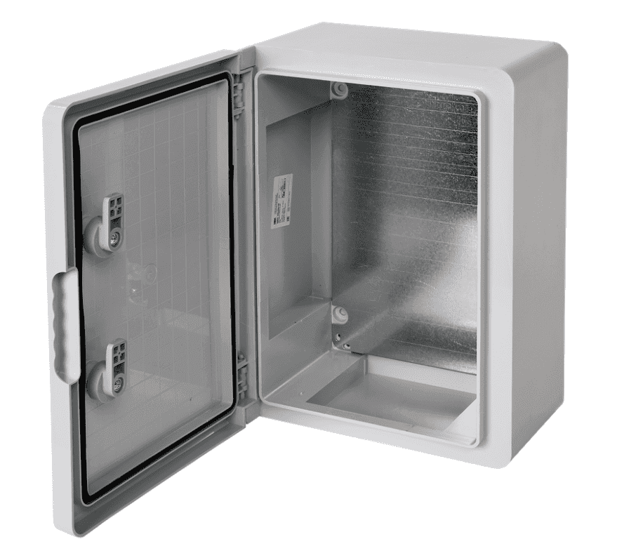 Бокс пластиковый навесной IEK ЩМПп MKP93-N-352515-65, 350х250х150 мм, 100А, IP65, с монтажной панелью, серый - с открытой дверцей