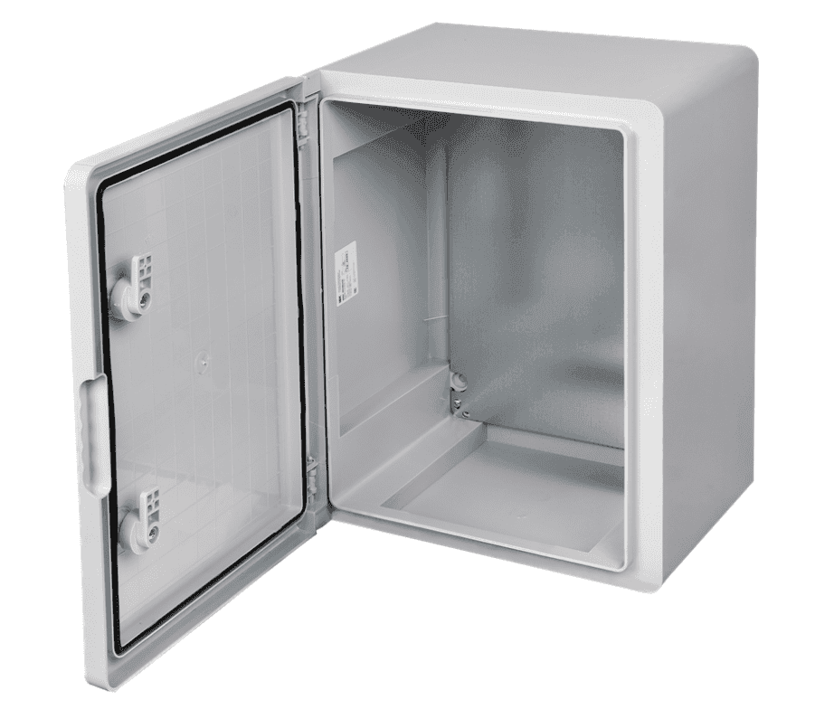 Бокс пластиковый навесной IEK ЩМПп MKP93-N-403022-65, 400×300×220 мм, IP65, с монтажной панелью, 100А, серый - с открытой дверцей