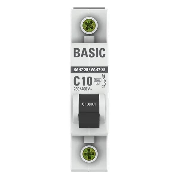 Автоматический выключатель модульный EKF Basic ВА47-29 1P, характеристика C, номинальный ток 10А, отключающая способность 4,5кА, артикул mcb4729-1-10C - вид спереди