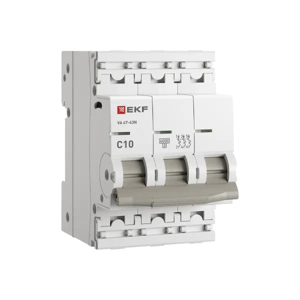 Автоматический выключатель модульный EKF PROxima ВА47-63N 3P, характеристика C, номинальный ток 10А, отключающая способность 6кА, артикул M636310C