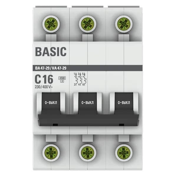 Автоматический выключатель модульный EKF Basic ВА47-29 3P, характеристика C, номинальный ток 16А, отключающая способность 4,5кА, артикул mcb4729-3-16C - вид спереди