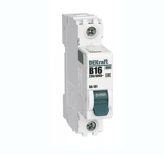 Автоматический выключатель модульный Dekraft ВА-101 1P, характеристика B, номинальный ток 16А, отключающая способность 4,5кА, артикул 11006DEK