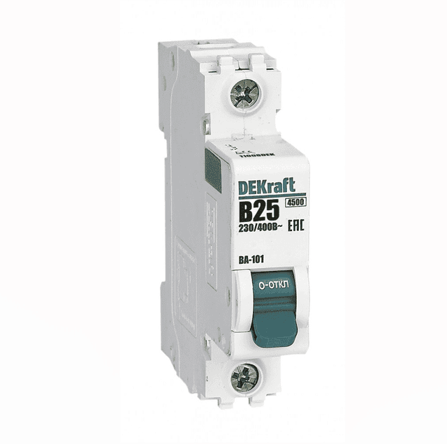 Автоматический выключатель модульный Dekraft ВА-101 1P, характеристика B, номинальный ток 25А, отключающая способность 4,5кА, артикул 11008DEK