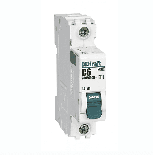 Автоматический выключатель модульный Dekraft ВА-101 1P, характеристика C, номинальный ток 6А, отключающая способность 4,5кА, артикул 11052DEK