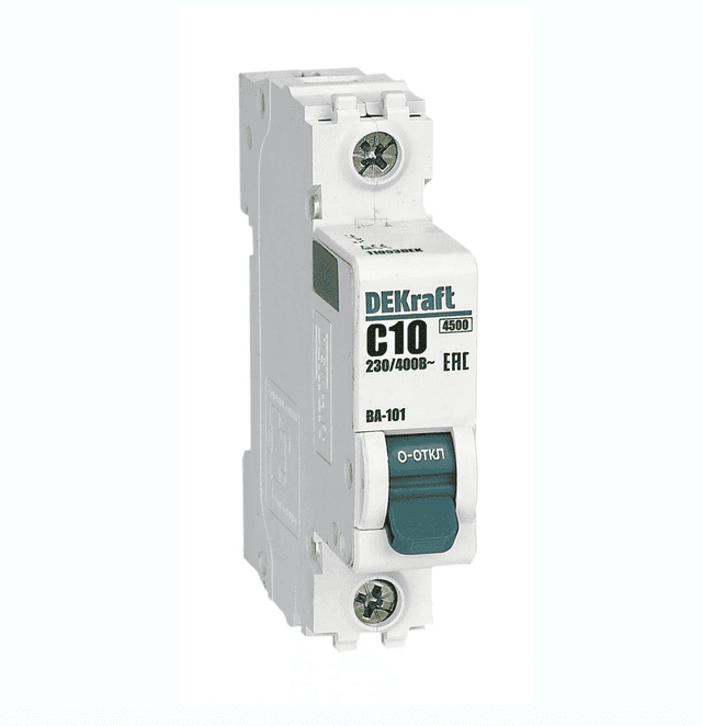 Автоматический выключатель модульный Dekraft ВА-101 1P, характеристика C, номинальный ток 10А, отключающая способность 4,5кА, артикул 11053DEK