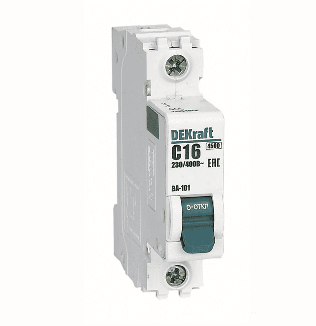 Автоматический выключатель модульный Dekraft ВА-101 1P, характеристика C, номинальный ток 16А, отключающая способность 4,5кА, артикул 11054DEK