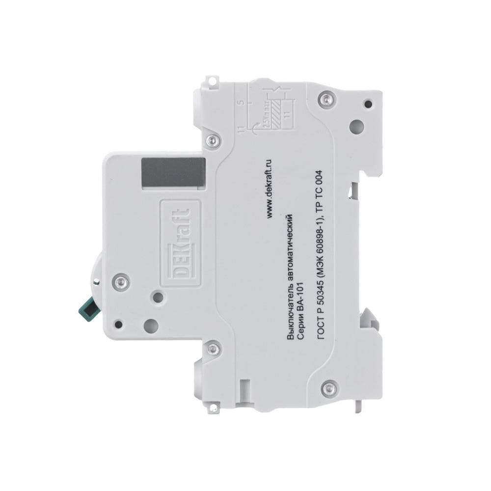 Автоматический выключатель модульный Dekraft ВА-101 1P, характеристика C, номинальный ток 16А, отключающая способность 4,5кА, артикул 11054DEK - вид сбоку