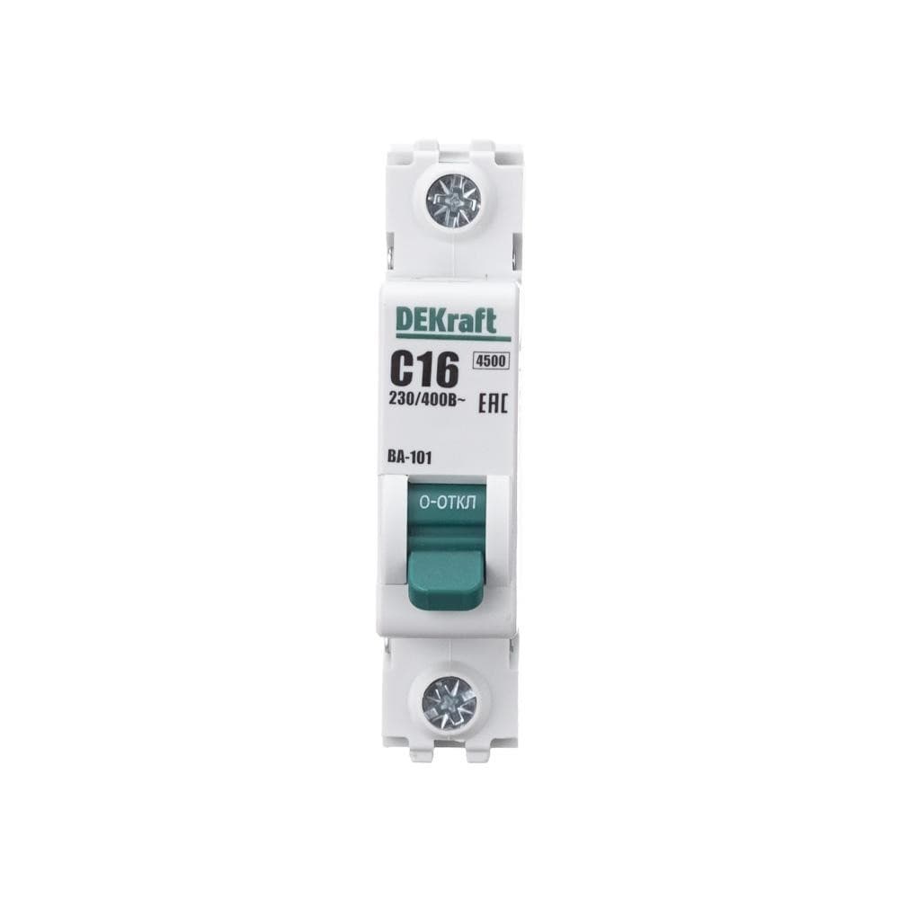 Автоматический выключатель модульный Dekraft ВА-101 1P, характеристика C, номинальный ток 16А, отключающая способность 4,5кА, артикул 11054DEK - вид спереди