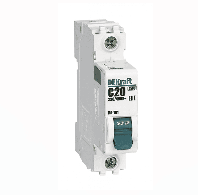 Автоматический выключатель модульный Dekraft ВА-101 1P, характеристика C, номинальный ток 20А, отключающая способность 4,5кА, артикул 11055DEK