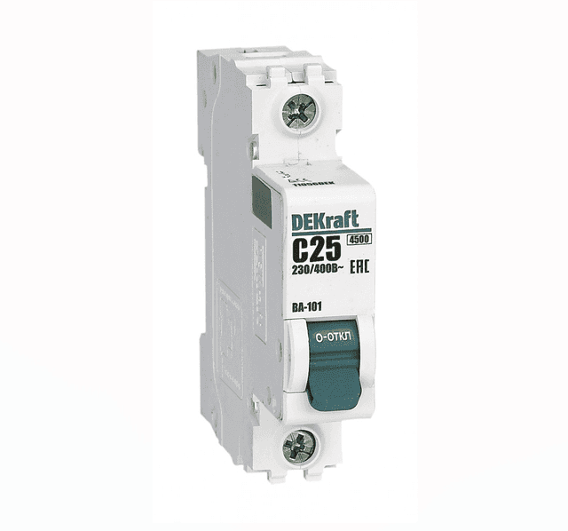 Автоматический выключатель модульный Dekraft ВА-101 1P, характеристика C, номинальный ток 25А, отключающая способность 4,5кА, артикул 11056DEK