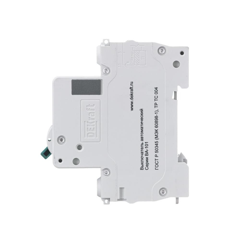 Автоматический выключатель модульный Dekraft ВА-101 1P, характеристика C, номинальный ток 40А, отключающая способность 4,5кА, артикул 11058DEK - вид сбоку