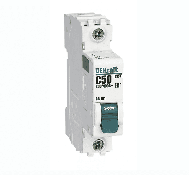 Автоматический выключатель модульный Dekraft ВА-101 1P, характеристика C, номинальный ток 50А, отключающая способность 4,5кА, артикул 11059DEK