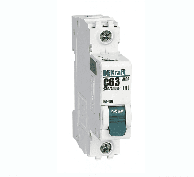Автоматический выключатель модульный Dekraft ВА-101 1P, характеристика C, номинальный ток 63А, отключающая способность 4,5кА, артикул 11060DEK