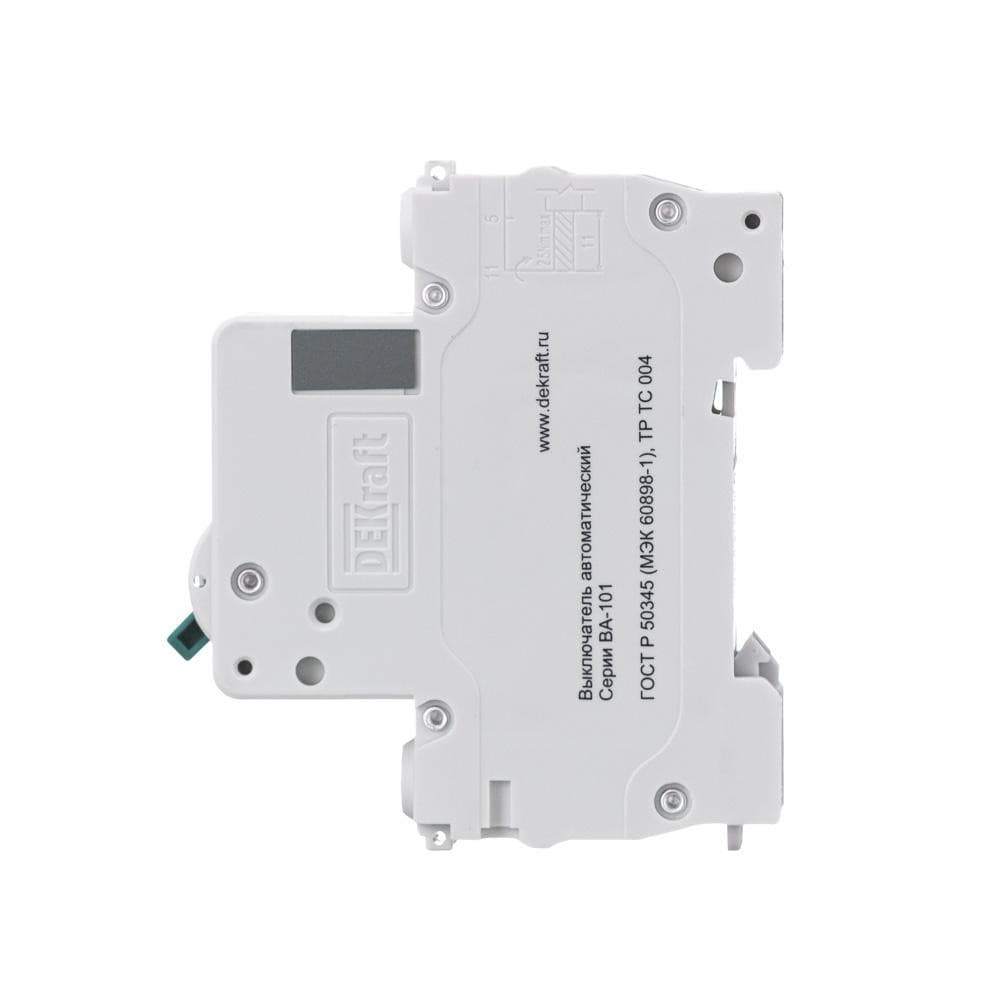 Автоматический выключатель модульный Dekraft ВА-101 1P, характеристика C, номинальный ток 63А, отключающая способность 4,5кА, артикул 11060DEK - вид сбоку