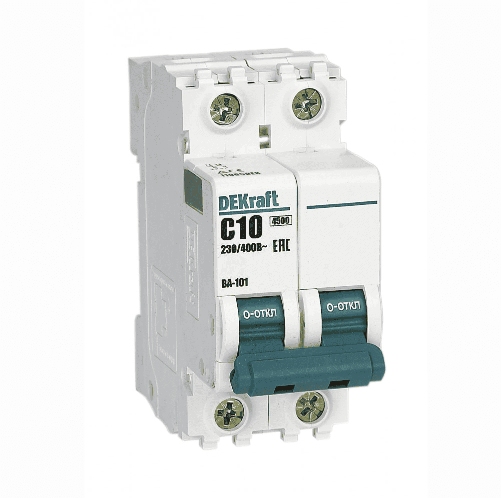 Автоматический выключатель модульный DEKraft ВА-101 2P, характеристика C, номинальный ток 10А, отключающая способность 4,5кА, артикул 11065DEK