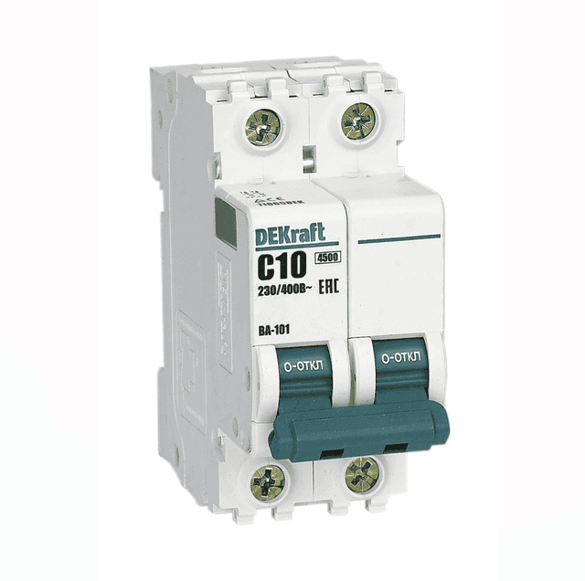 Автоматический выключатель модульный DEKraft ВА-101 2P, характеристика C, номинальный ток 10А, отключающая способность 4,5кА, артикул 11065DEK