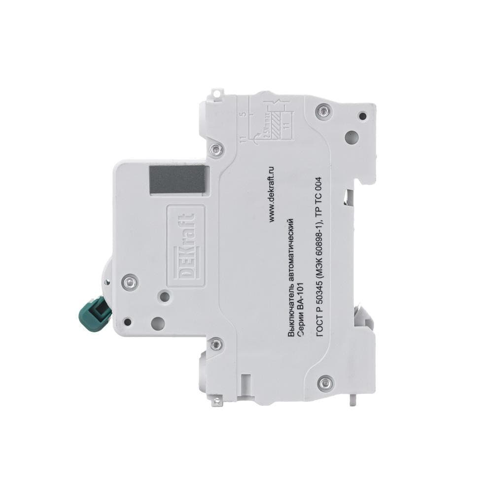 Автоматический выключатель модульный DEKraft ВА-101 2P, характеристика C, номинальный ток 10А, отключающая способность 4,5кА, артикул 11065DEK - вид сбоку