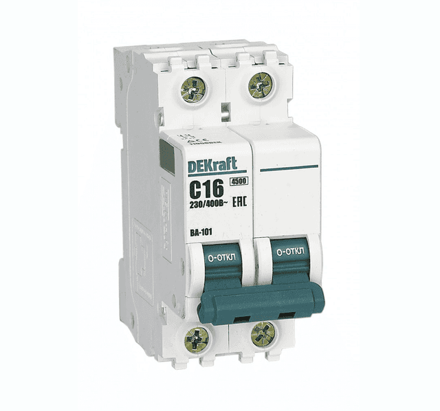 Автоматический выключатель модульный DEKraft ВА-101 2P, характеристика C, номинальный ток 16А, отключающая способность 4,5кА, артикул 11066DEK