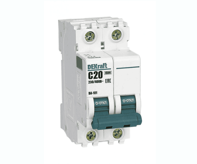 Автоматический выключатель модульный DEKraft ВА-101 2P, характеристика C, номинальный ток 20А, отключающая способность 4,5кА, артикул 11067DEK