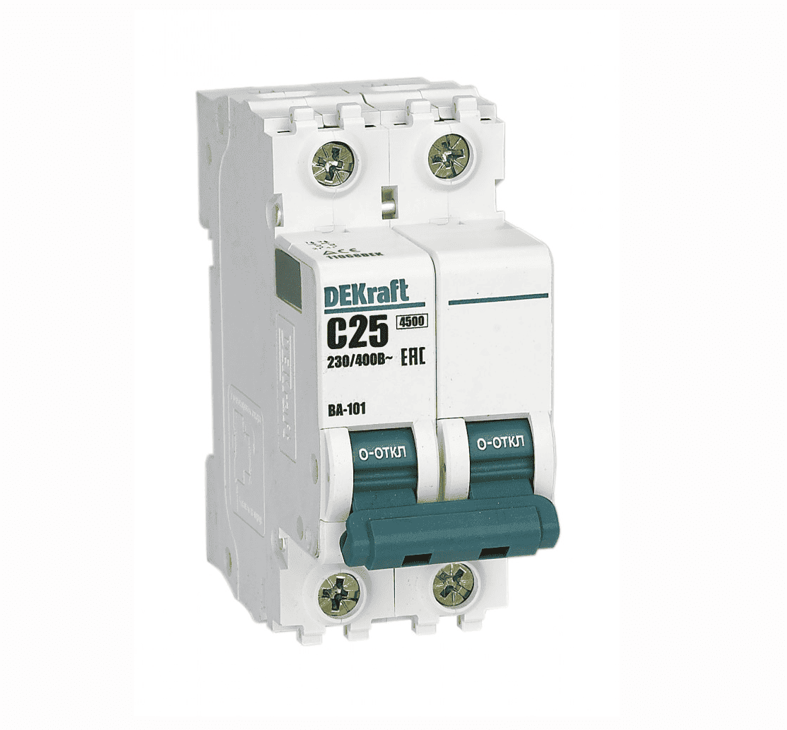 Автоматический выключатель модульный DEKraft ВА-101 2P, характеристика C, номинальный ток 25А, отключающая способность 4,5кА, артикул 11068DEK