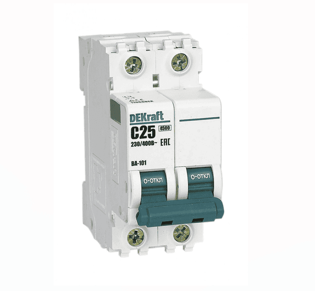 Автоматический выключатель модульный DEKraft ВА-101 2P, характеристика C, номинальный ток 25А, отключающая способность 4,5кА, артикул 11068DEK