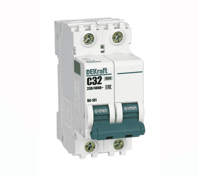 Автоматический выключатель модульный DEKraft ВА-101 2P, характеристика C, номинальный ток 32А, отключающая способность 4,5кА, артикул 11069DEK