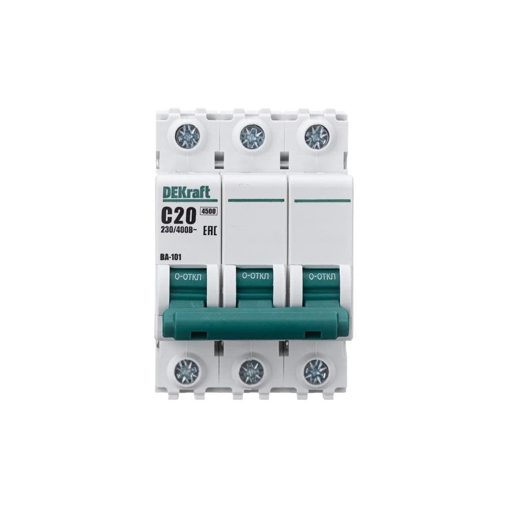 Автоматический выключатель модульный DEKraft ВА-101 3P, характеристика C, номинальный ток 20А, отключающая способность 4,5кА, артикул 11079DEK - вид спереди