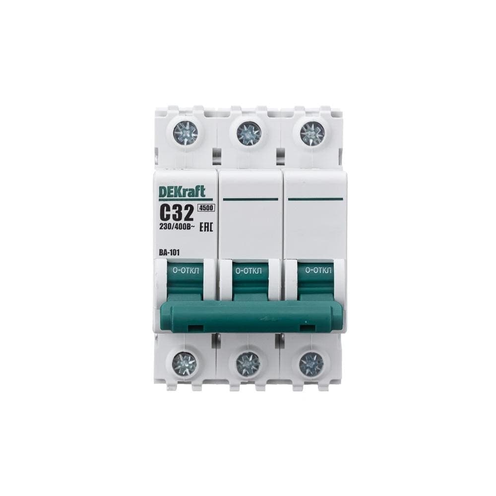 Автоматический выключатель модульный DEKraft ВА-101 3P, характеристика C, номинальный ток 32А, отключающая способность 4,5кА, артикул 11081DEK - вид спереди