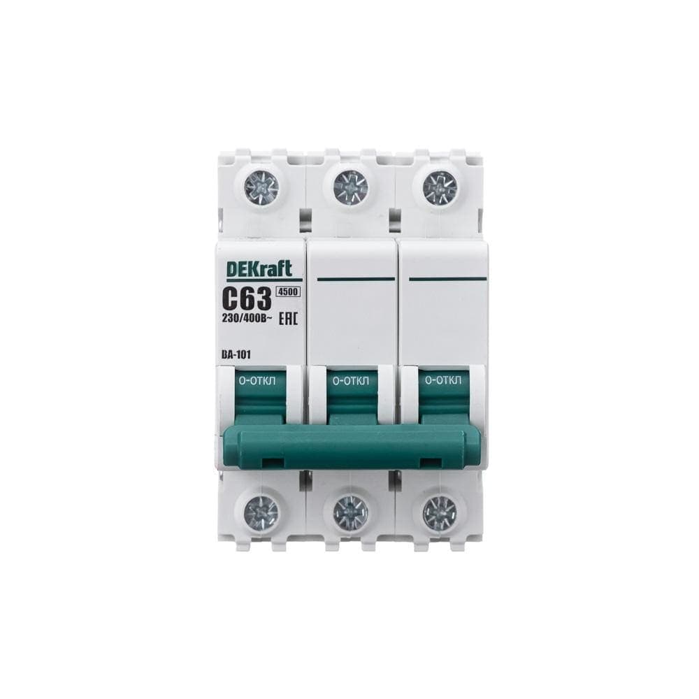 Автоматический выключатель модульный DEKraft ВА-101 3P, характеристика C, номинальный ток 63А, отключающая способность 4,5кА, артикул 11084DEK - вид спереди