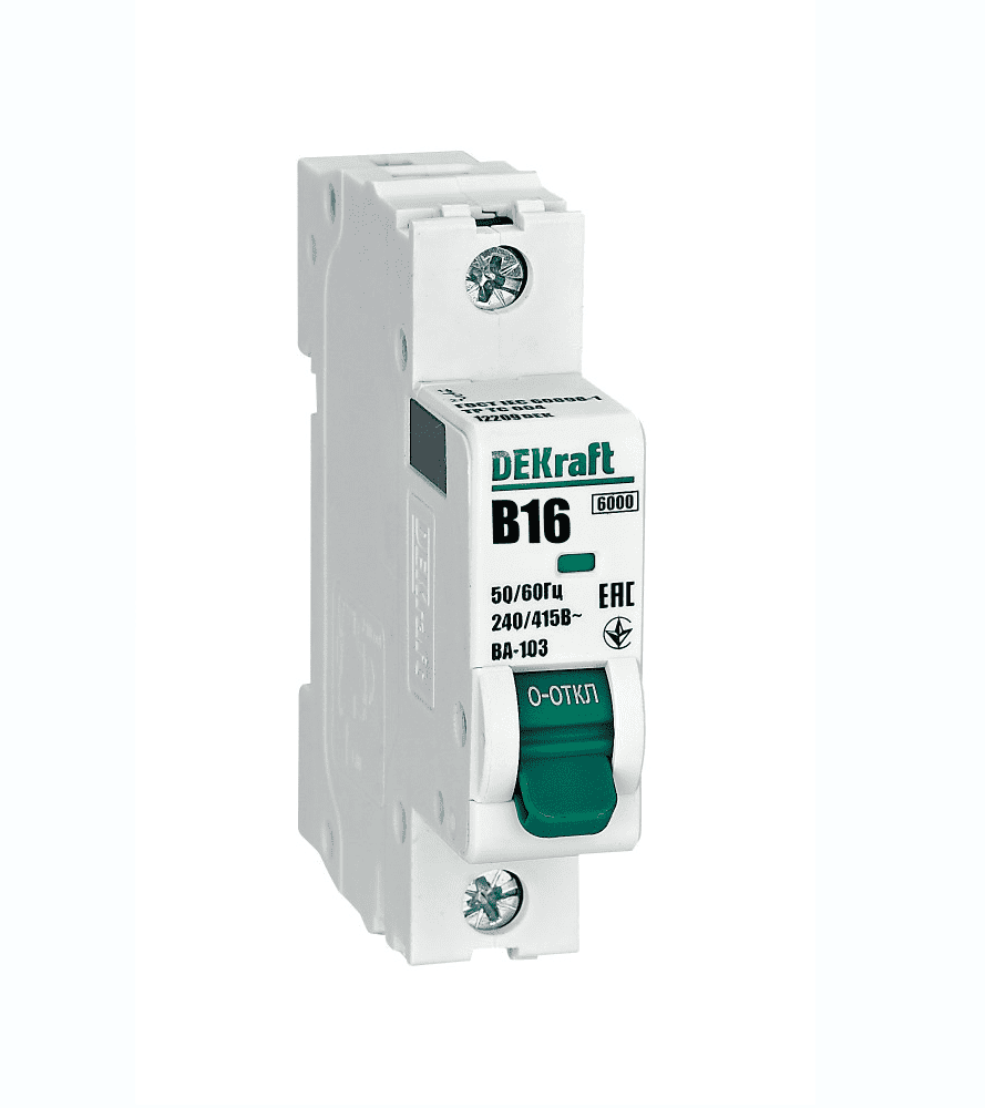 Автоматический выключатель модульный DEKraft ВА-103 1P, характеристика B, номинальный ток 16А, отключающая способность 6кА, артикул 12209DEK
