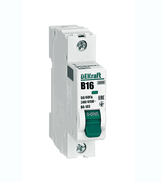 Автоматический выключатель модульный DEKraft ВА-103 1P, характеристика B, номинальный ток 16А, отключающая способность 6кА, артикул 12209DEK