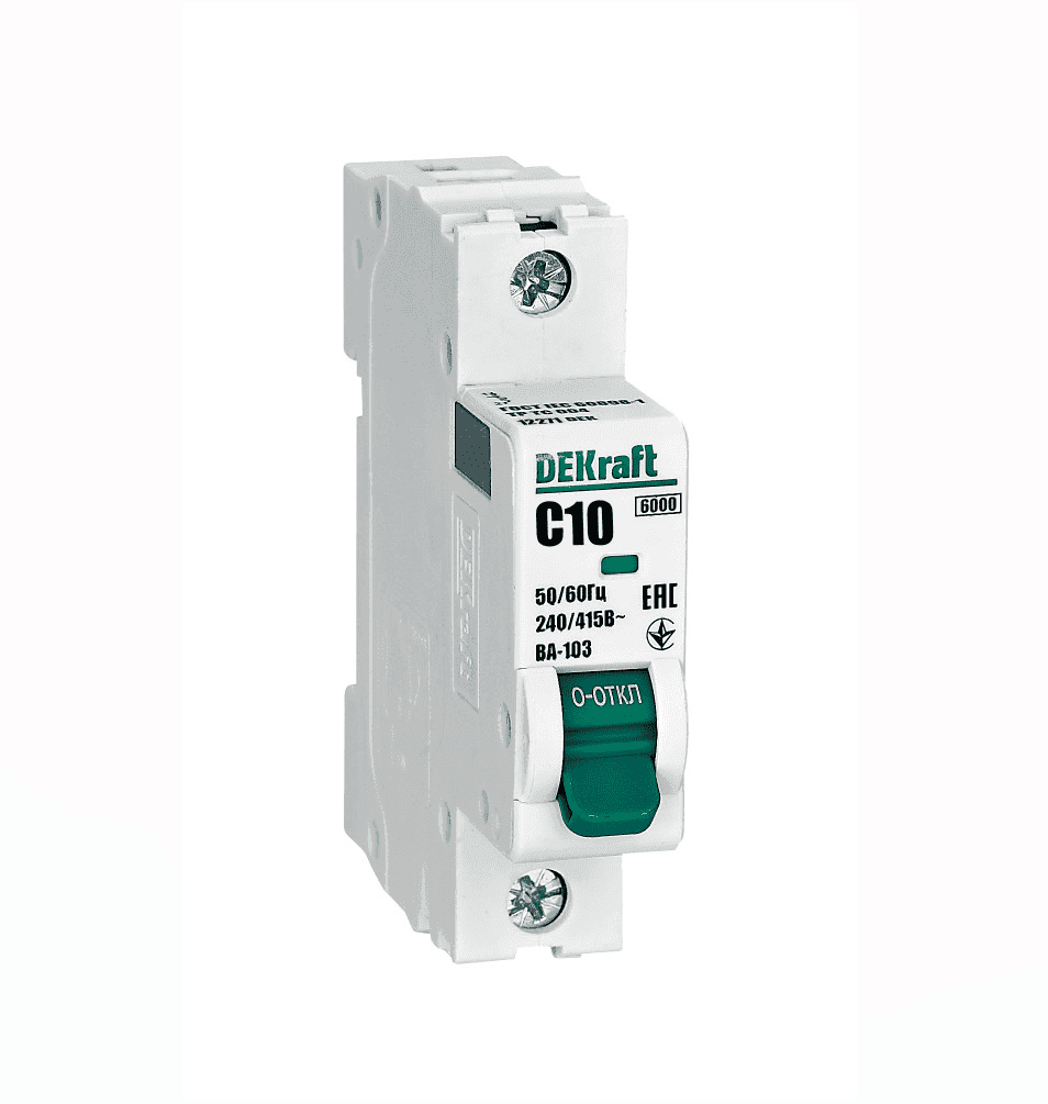 Автоматический выключатель модульный DEKraft ВА-103 1P, характеристика C, номинальный ток 10А, отключающая способность 6кА, артикул 12271DEK