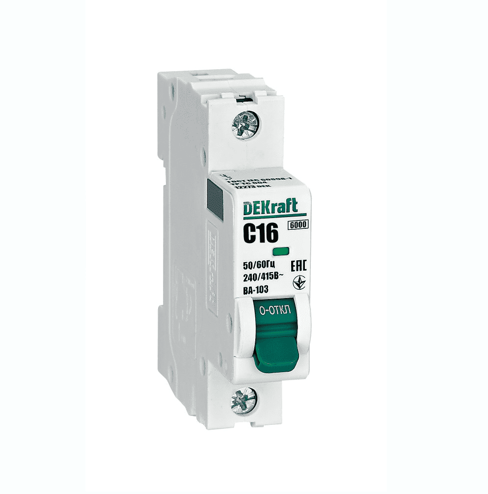 Автоматический выключатель модульный DEKraft ВА-103 1P, характеристика C, номинальный ток 16А, отключающая способность 6кА, артикул 12273DEK
