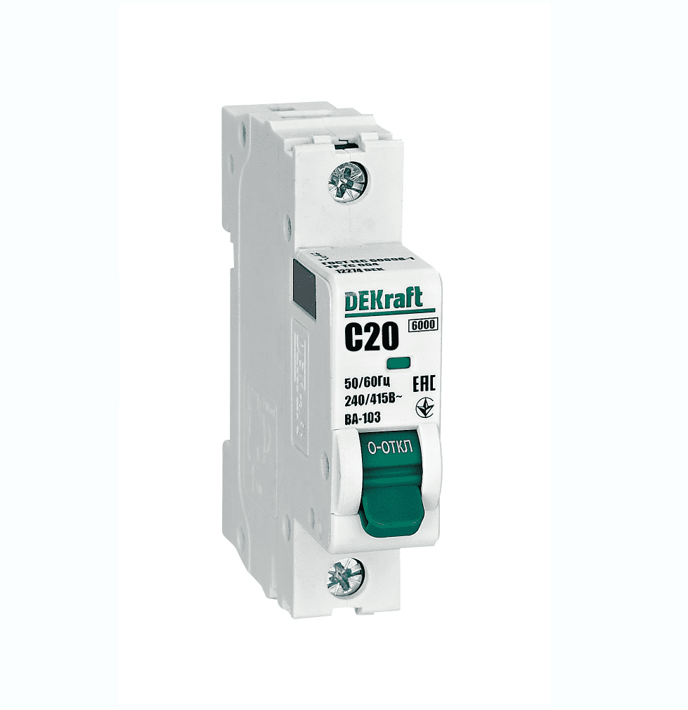 Автоматический выключатель модульный DEKraft ВА-103 1P, характеристика C, номинальный ток 20А, отключающая способность 6кА, артикул 12274DEK