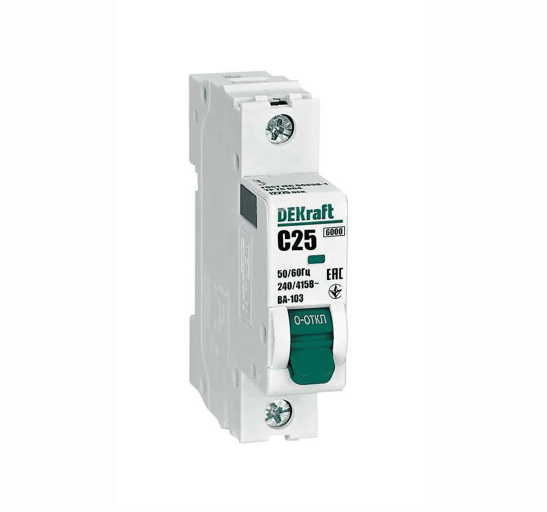 Автоматический выключатель модульный DEKraft ВА-103 1P, характеристика C, номинальный ток 25А, отключающая способность 6кА, артикул 12275DEK