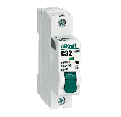Автоматический выключатель модульный DEKraft ВА-103 1P, характеристика C, номинальный ток 32А, отключающая способность 6кА, артикул 12276DEK