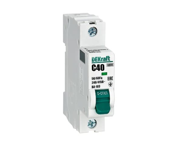 Автоматический выключатель модульный DEKraft ВА-103 1P, характеристика C, номинальный ток 40А, отключающая способность 6кА, артикул 12277DEK